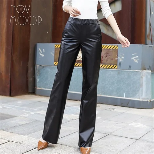 Офисный стиль, женские черные длинные прямые брюки из натуральной овечьей кожи, брюки с эластичной резинкой на талии, pantalon femme LT2550 - Цвет: Black per pic
