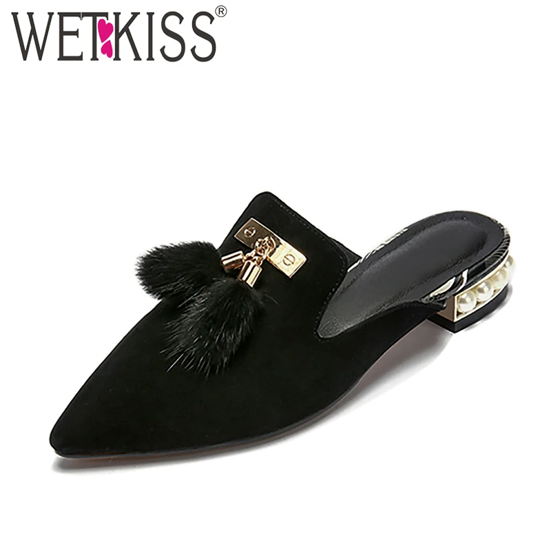 WETKISS Handmade Kid Suede Fashion Mules Shoes Woman Pointed toe Slingback Pumps Fur Charm Low Bead Heels Ladies Shoes Superstar WETKISS Handmade Kid Suede Fashion Mules Shoes Woman Pointed toe Slingback Pumps Fur Charm Low Bead Heels Ladies Shoes Superstar