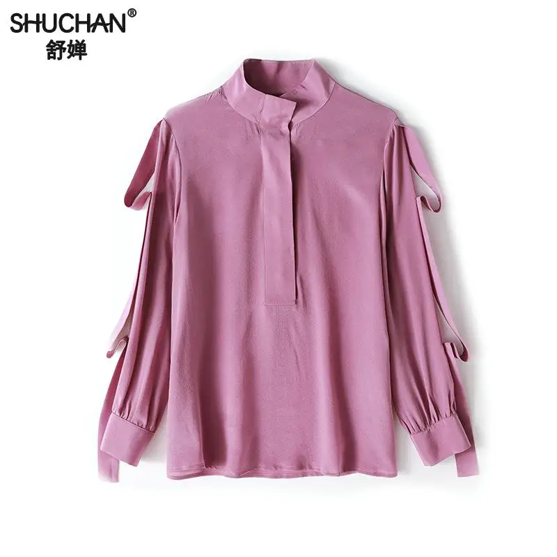 

Shuchan 2019 Women's Fashion Casual Womens Long Sleeve Blouses 100% Natural Silk Elegante Blouse Spliced Purple Tops And Blouses