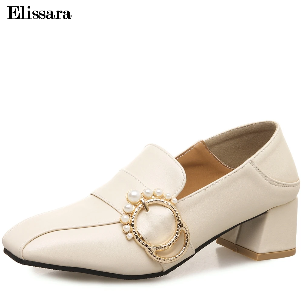 

Women Med Heels Pumps Shoes Woman Fashion Spring Autumn Pearl Buckle Square Toe Shallow Valentine Shoes Plus Size 33-45 Elissara