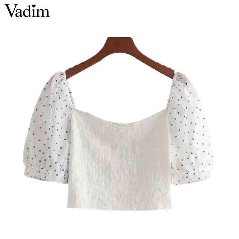 Vadim women elegant dot patchwork crop top short sleeve short style side zipper stretchy shirt female elegant blouses DA574