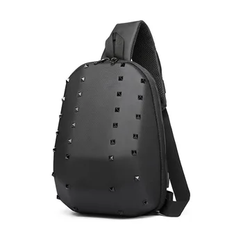 

Ozuko 4 Colors New Original Design USB Chest Bag with Rivet Hard Shell Waterproof Crossbody Bags Water Repellent Shouder Pack