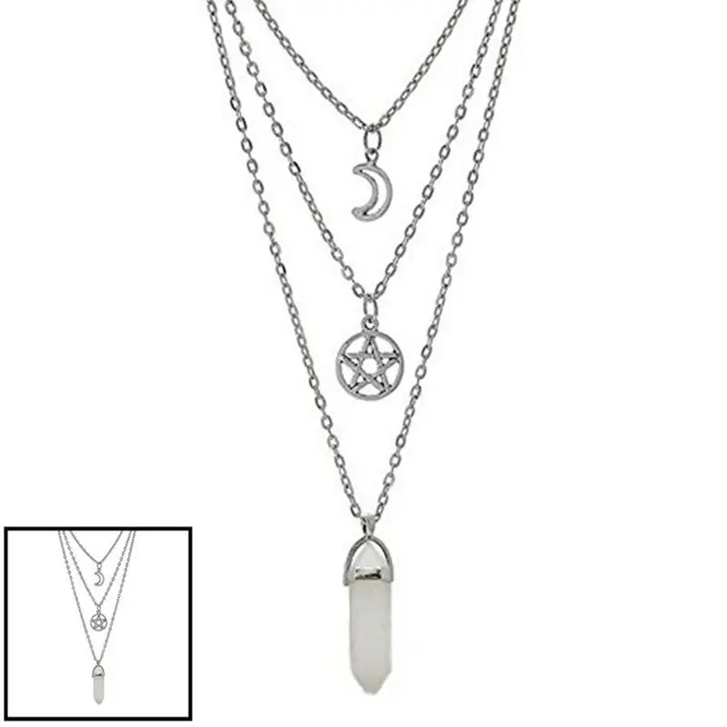 

Natural Stone Choker Multi layer Necklace Pendant Gothic Witchcraft Pentagram Crescent For Women Boho Layering Chockers Gift