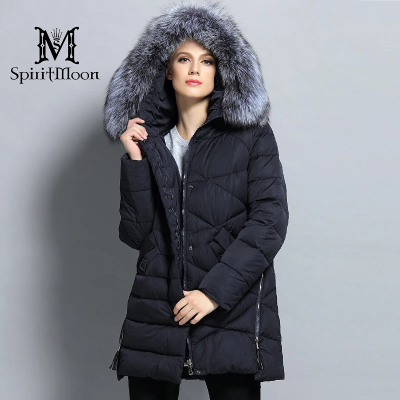 SpiritMoon 2017 New Winter Women Bio Down Jacket Hooded Thick Coat Winter Parka With Natural Silver Fox Collar Plus Size 5XL 6XL