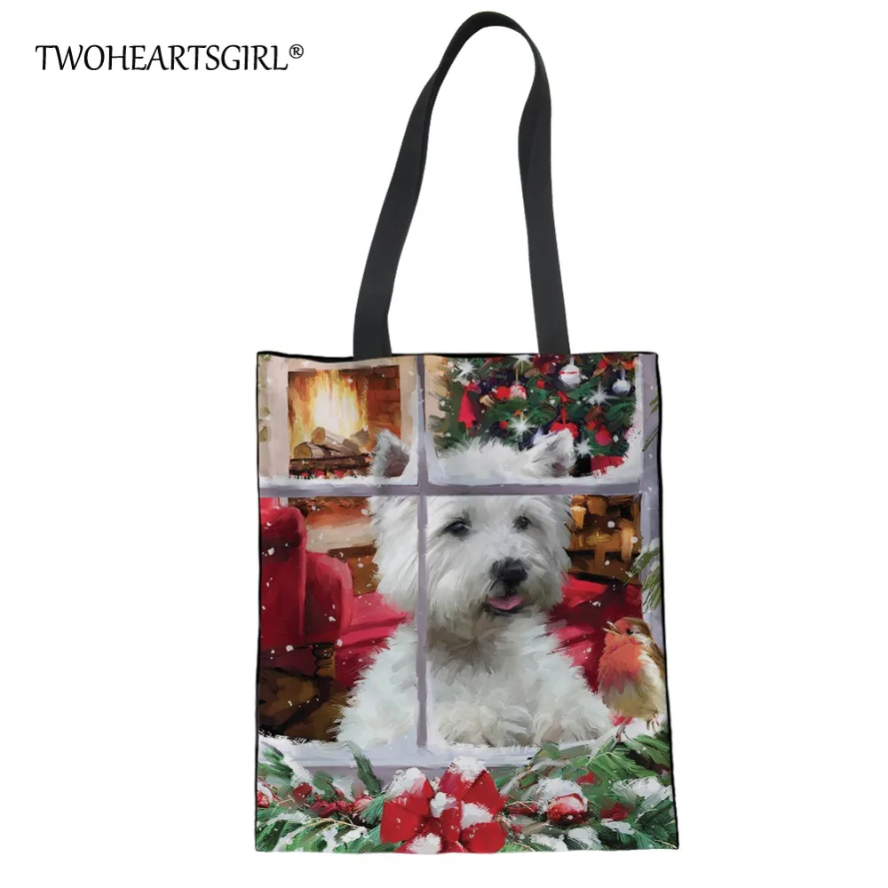 

TWOHEARTSGIRL Women Canvas Handbag Large Capacity Daily Girls Shoulder Bag Christmas Westie Vintage Female Crossbody Beach Tote