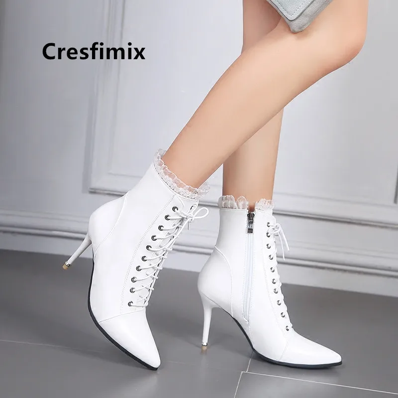 

Cresfimix botas de mujer women plus size white comfortable lace up boots lady casual high quality high heel autumn boots a6029