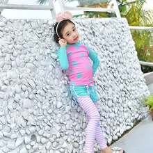 Детский купальник для девочек; коллекция года; купальный костюм для девочек; милый длинный рукав в полоску с кроликом для маленьких девочек; брюки с разрезом; три