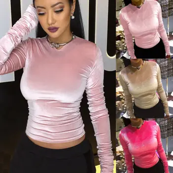 

Spring Top 2017 New Velvet Autumn Women's Velvet Tops Long Sleeve Solid Ladies Slim Tee Shirts
