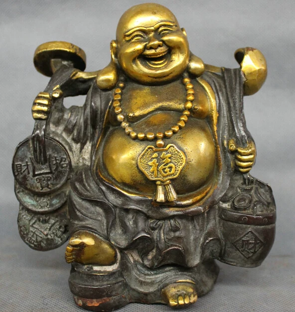 

dr606 Chinese Bronze Copper Gilt RuYi Coin YuanBao Happy Laugh Maitreya Buddha Statue