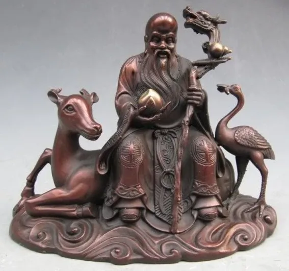 

Chinese refined craftwork Pure Bronze longevity god on crown crane spotted deer free shipping