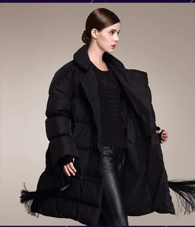 Осенние и зимние новые стильные женские пуховик светильник теплое объемное профиль толщиной с кисточками Большие размеры длинный женский пуховая куртка