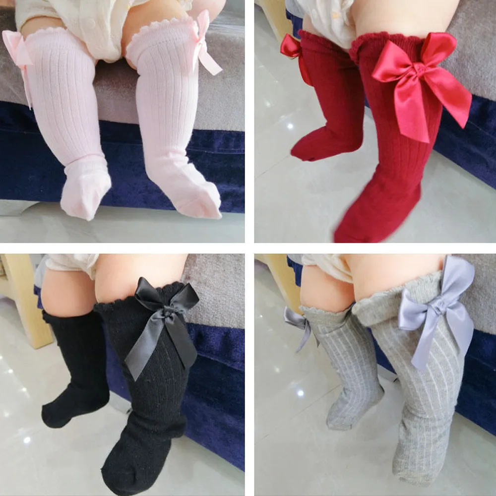 Новые детские носки Длинные мягкие хлопковые кружевные детские носки до колена с большим бантом для маленьких девочек детские длинные мягкие хлопковые носки kniekousen meisje