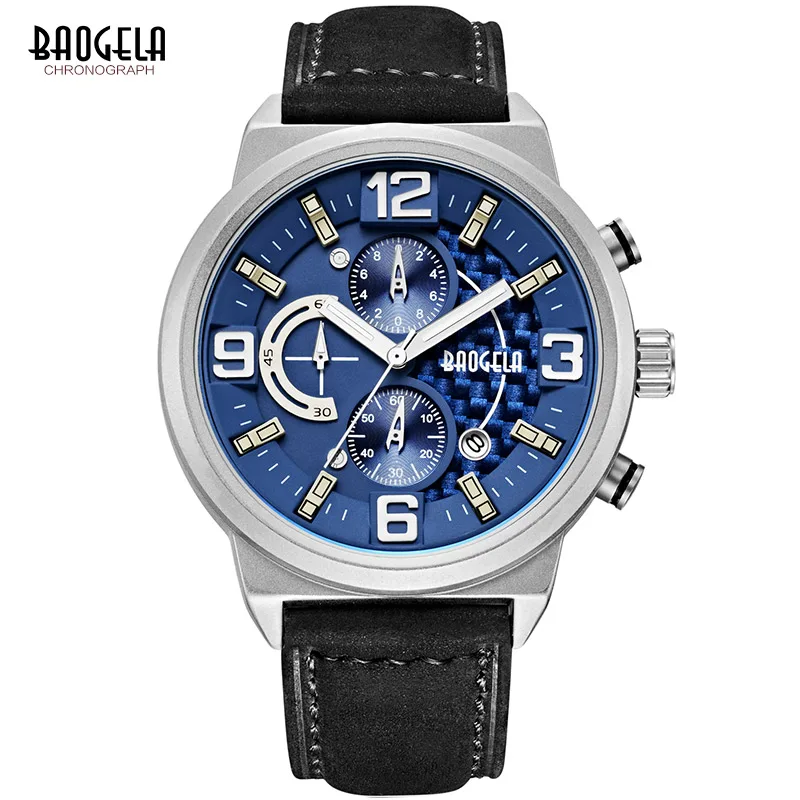 

BAOGELA Chronograph Quartz Watches for Men Fashion Sports Wrist Watch for Man Leather Strap Analogue Display 1709Silver-Blue