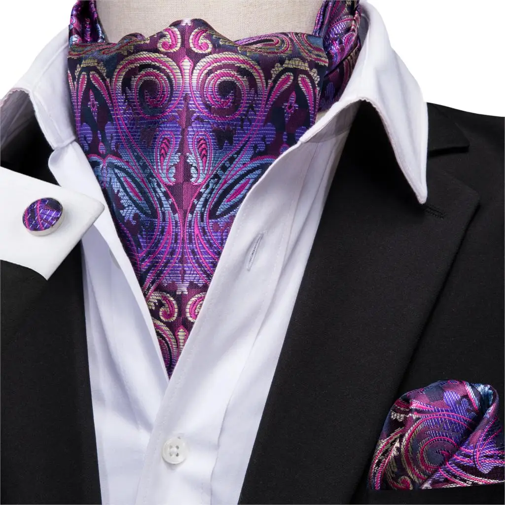 

Men Ascot Purple Floral Cravat Silk Scarf Ties Pocket Square Cufflinks Set Designer for Party Wedding Tie Formal Hi-Tie AS-1005