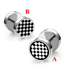 Enamel Black White Chess board Stud Earrings for Man Punk Six-star Earrings Stainless Steel Jewelry sell one piece one piece 6 dental contraster oral black background board photography six types for choose