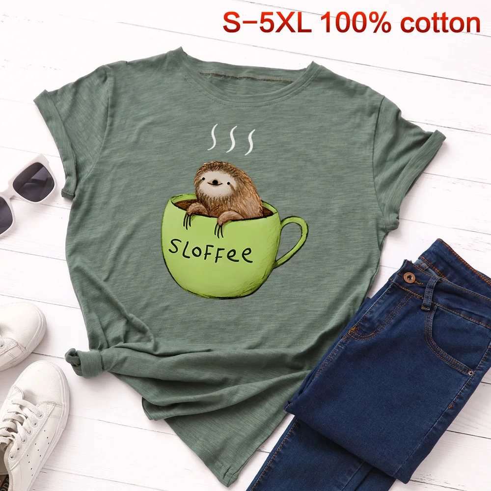 

S-5XL cute sloth pattern women t shirt 100% cotton funny cup tee shirt o neck short sleeves cartoon soft animal female t shirt