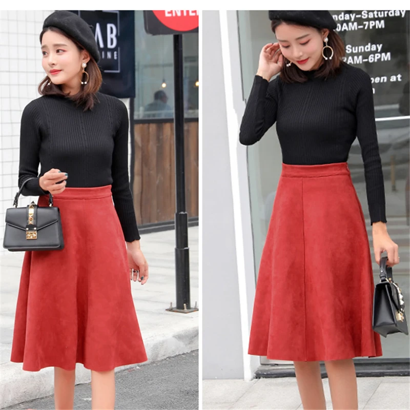 Women's Adequate High Waist Midi Suede Skirt-1