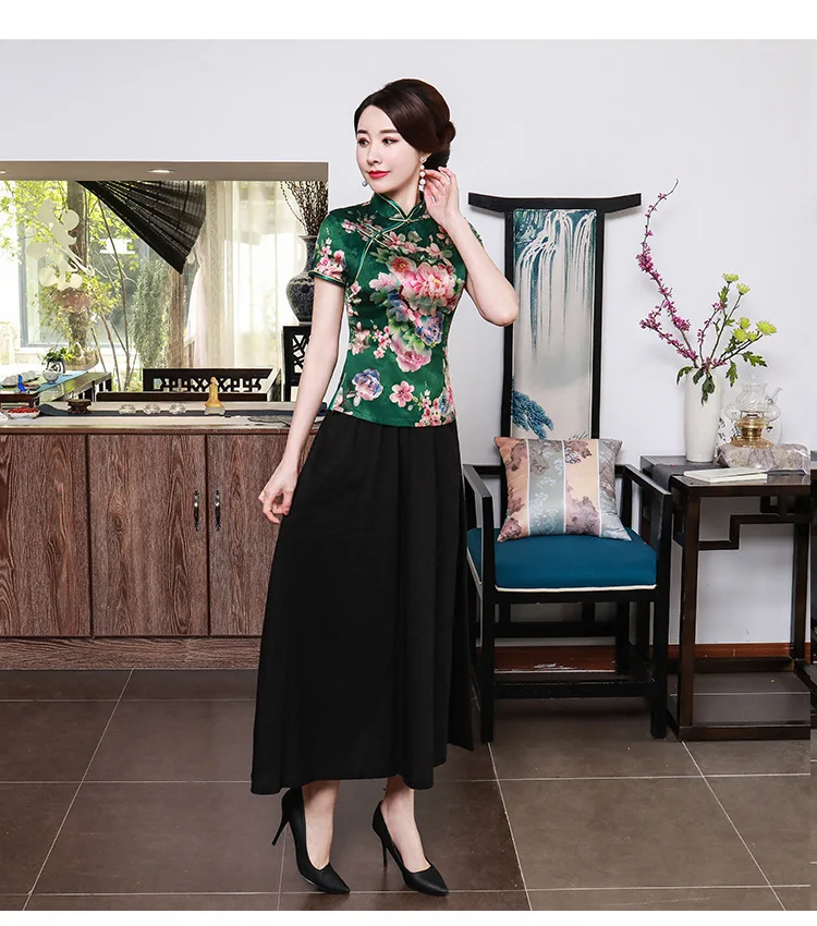 Sheng Coco женские топы в китайском стиле, зеленые Топы Cheongsam, шелковые атласы, китайская рубашка, элегантные топы с принтом пиона, китайская одежда