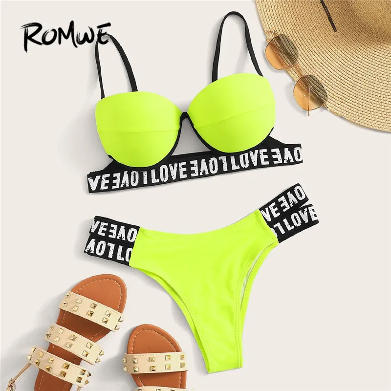 

Romwe Sport Neon Letter Tape Underwire Bikini Set Stretchy Exercise Push Up Bikini and Low Rise Bathing Suit Women Swimsuit