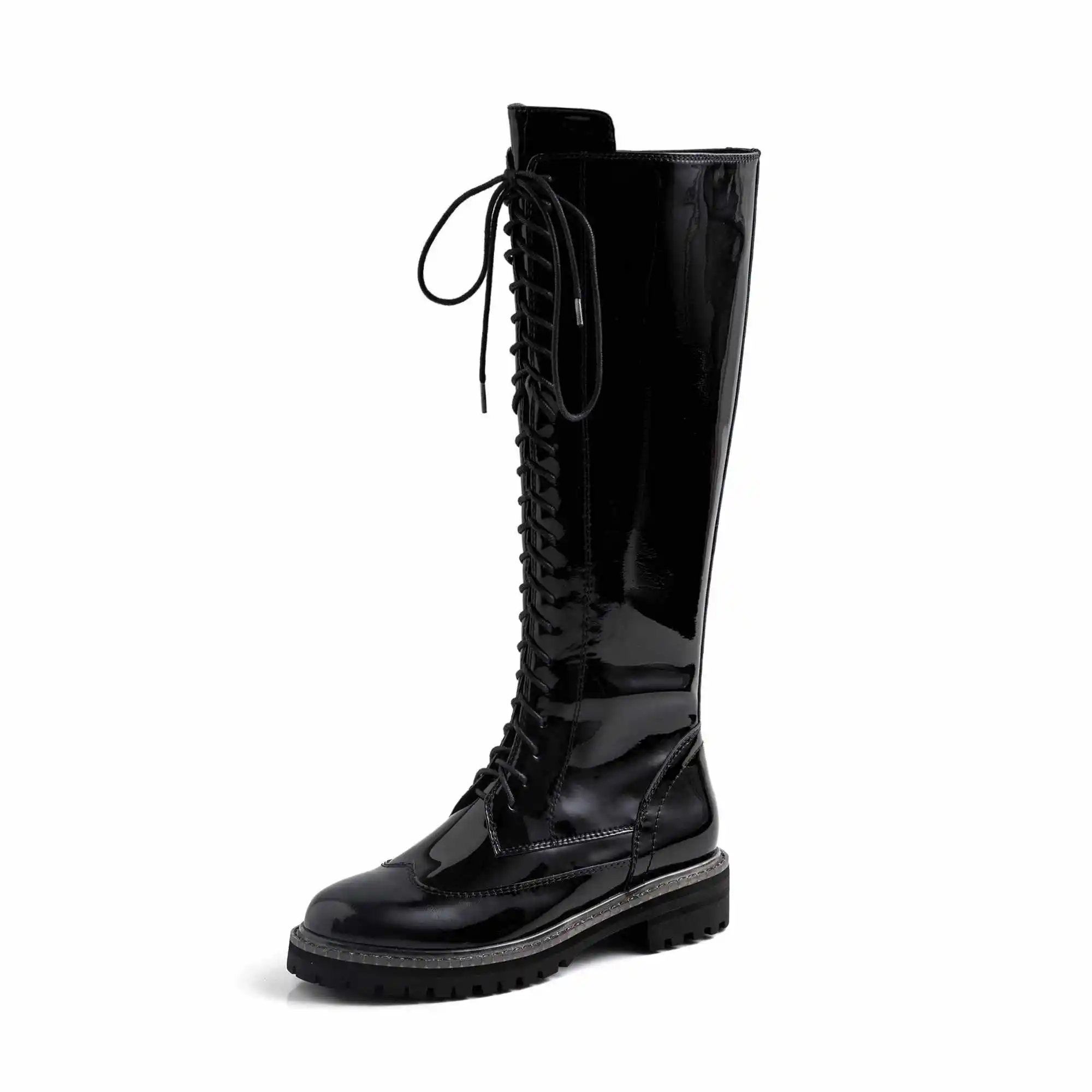 Krazing pot/зимние сапоги из коровьей кожи с круглым носком на среднем каблуке со шнуровкой в Корейском стиле; красивые уличные сапоги до бедра для верховой езды; l07 - Цвет: black 1