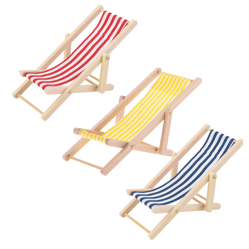 3pcs 1/12 Dolls House Miniature Stripe Wooden Lounge Beach Lawn Chair