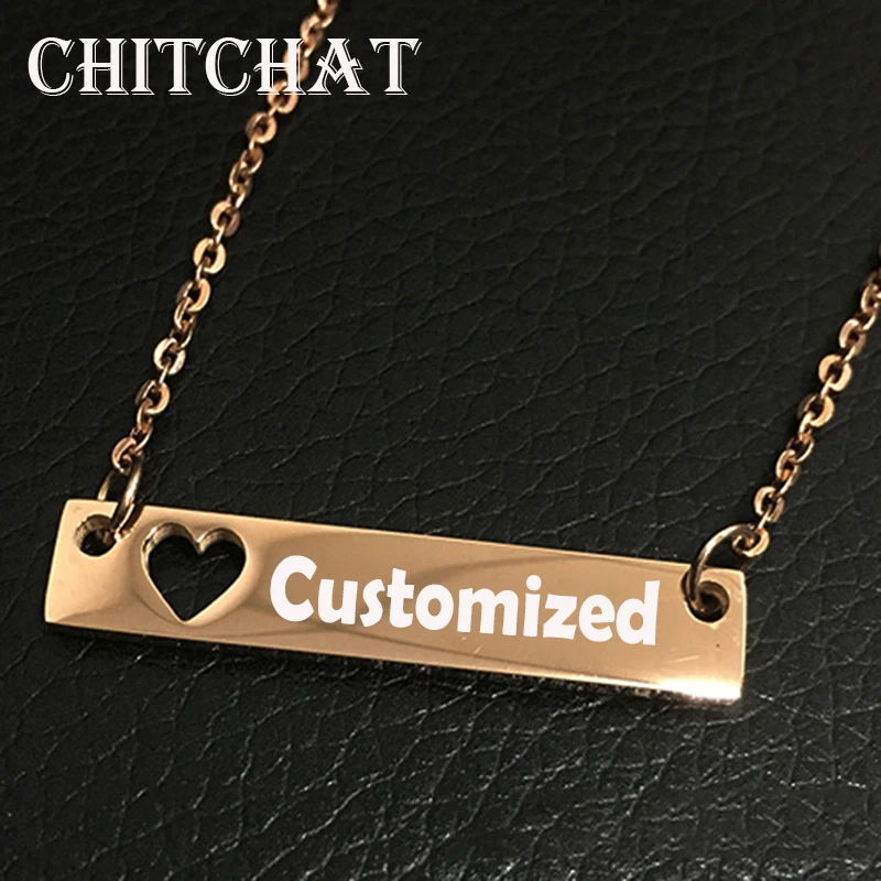 316L Steel Customized Letter Bar Necklace Engrave Name Date Necklaces Rose Gold Hollow heart