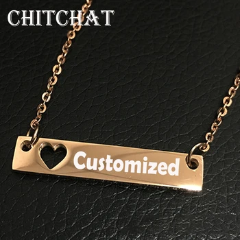 316L Steel Customized Letter Bar Necklace Engrave Name Date Necklaces Rose Gold Hollow heart Pendant For Women Personalized Gift pure 24k yellow gold pendant 3d craved hollow heart bracelet pendant 1g