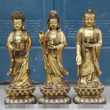 Песня voge Gem S6063 2" тибетская бронзовая позолота West 3 God Kwan-yin GuanYin статуя Будды Шакьямуни Набор