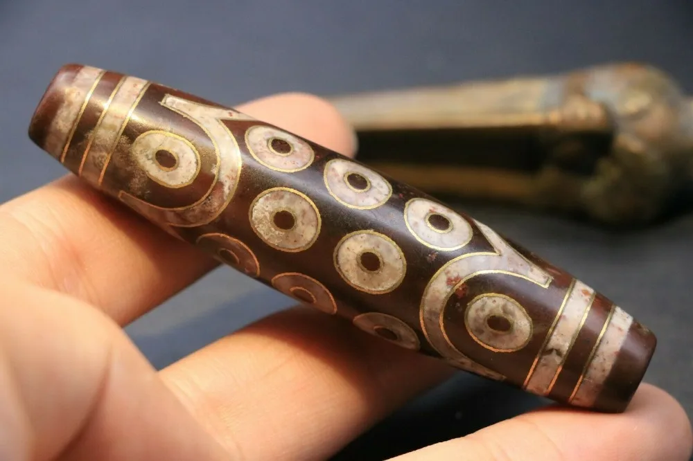

Magic Power Collectible Treasure Magic Tibetan Old Oily Cinnabar Spots Gold Inlay 21 eye dZi Bead 8cm