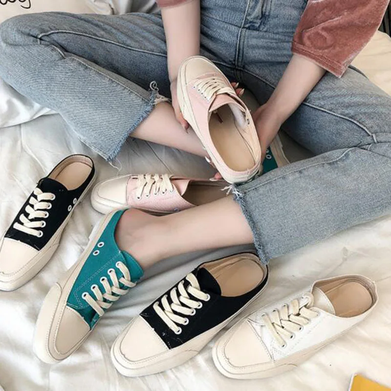 

Spring Autumn New Arrival Ladies Students Casual Canvas Shoes,Square Toe Cross-tied Design Flats Slip-on Slippers Shoes Non-slip