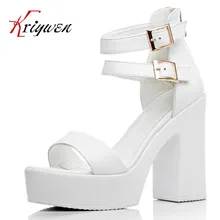 Fashion Party thick Sole Shoes cowhide leather Woman Sexy ankle warp High Heels Summer open toe