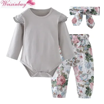 

New-arrival 3pcs Girls Romper Sets Spring Baby Girl Casual Long Sleeve Romper Tops Floral Trousers Headband Outfits Set W1