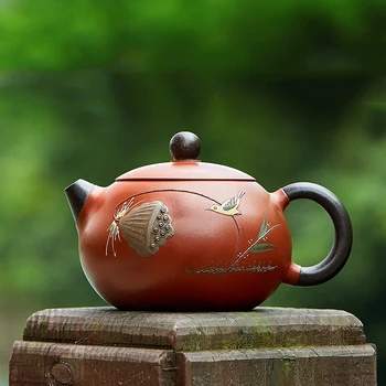 

210ML Authentic Yixing Purple Clay Teapot Famous Handmade Lotus Pattern Raw Ore Zhu Mud Xishi Pot Art Drinkware Black Tea Kettle