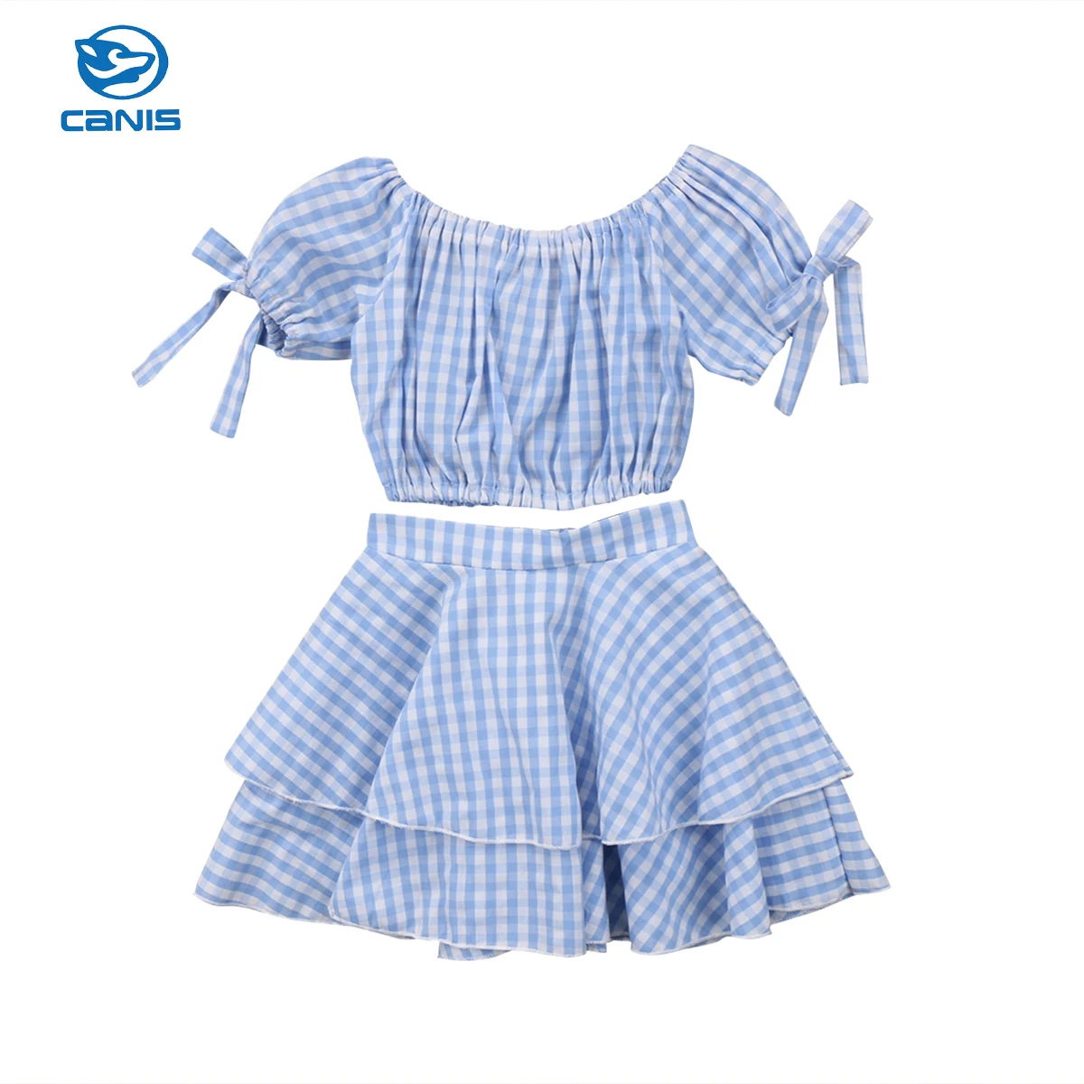 New Fashion Kids Baby Girl Clothes Set Blue Plaid Crop Top T shirt