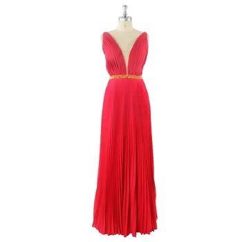 

2017 Sexy Red Natural Waist Beading Backless V-neck Sashes Sleeveless A-Line Chiffon Ruched Prom Dress