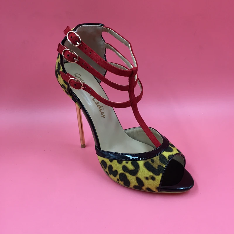

Metal Stiletto High Heels Leopard Shoes Woman Sandals T-strap Open Toe Ankle-Wrap Cover Heels Narrow Band Sandals Ladies Summer