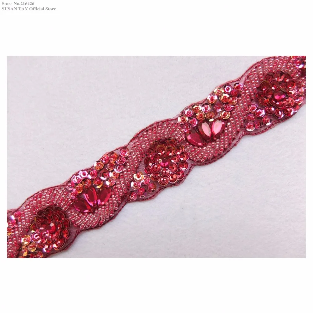 

New 3D Handmade Maroon Sequined Beaded Lace Trimmings Lace Ribbon Dance Wedding Collar Sleeve Decoration Sewing DIY Crafts BT40A