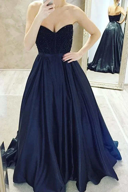 Navy Blue Celebrity Evening Dresses Sweetheart Beaded Bodice Simple
