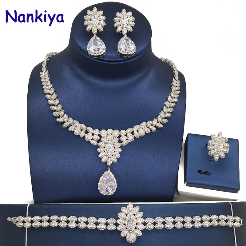

Nankiya Elegent Cubic Zircon 4pcs Necklace Jewelry Set Leaf Waterdrop Rhinestone Wedding Bridal Set For Lady Party Dress NC106