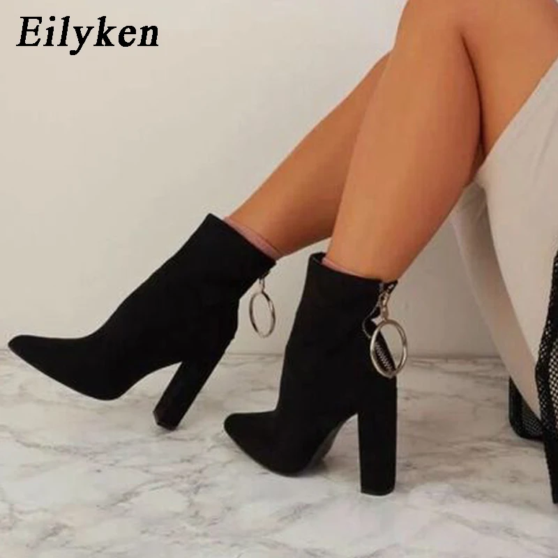 

Eilyken 2020 New Metal Decoration Zipper Women Boot Pointed toe Ankle Boots Sexy Thin Heels Fashion Women Boots shoes Size 35-40
