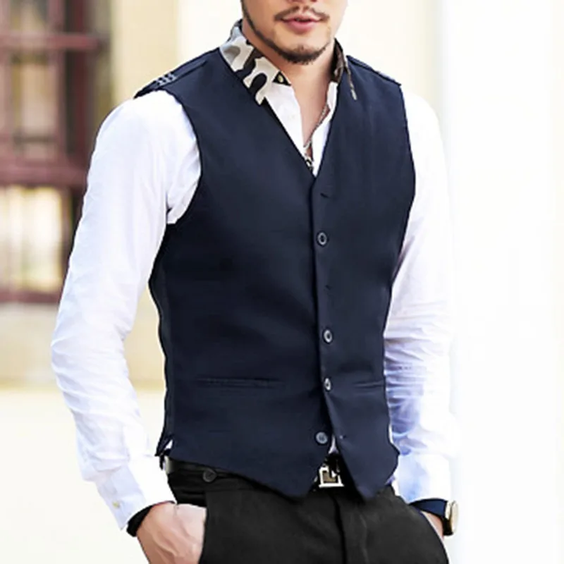 Mens-Brand-cotton-waistcoat-Dress-Suit-Vest-Formal-Business-slim-fit-gilet-costume-men-Navy-badge