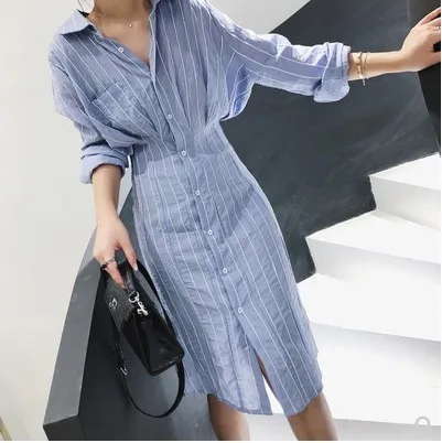 

2019 new fashion women's adult Blue Stripe Shirt Dress Female Summer Korean High Waist Lapel Long Sleeve Medium Long