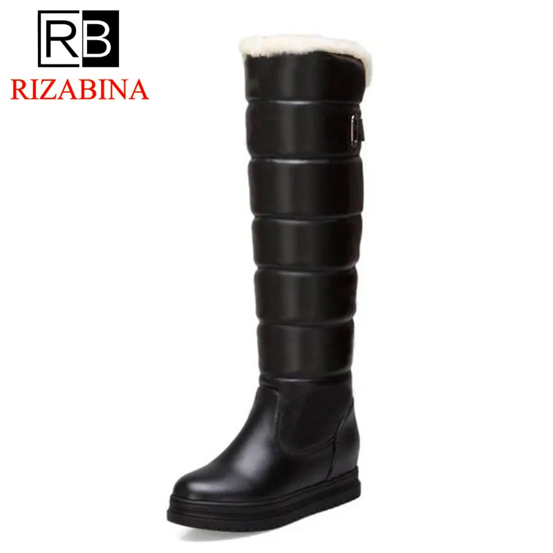 

RIZABINA Sexy Women Knee High Boots Snow Plush Flats Shoes Women Round Toe Inside Fur Shoes Women Fashion Footwear Size 34-43
