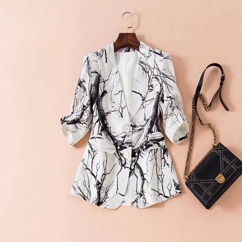 

HIGH QUALITY Newest 2019 Designer Blazer Suit Women's 3/4 Sleeve Ink Painting Print Blazer Jacket