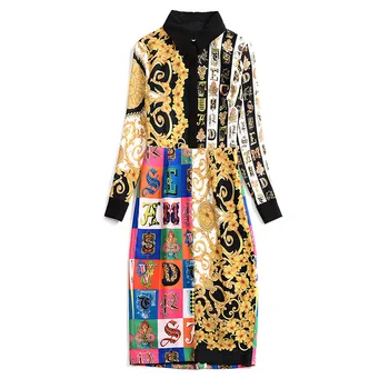 

High quality 2018 fashion retro striped print long sleeve slim temperament woman dress