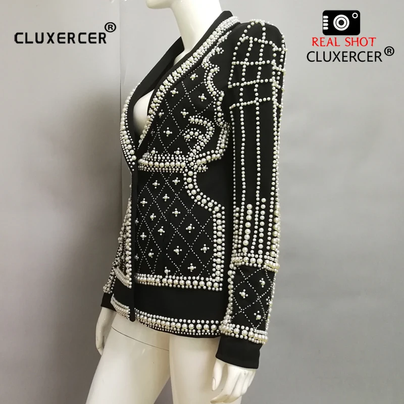 CLUXERCER Brand Blazer Women Coat Heavy Hand Made Beads Suit Jacket Long Sleeve Designer Outerwear Blazers Feminina