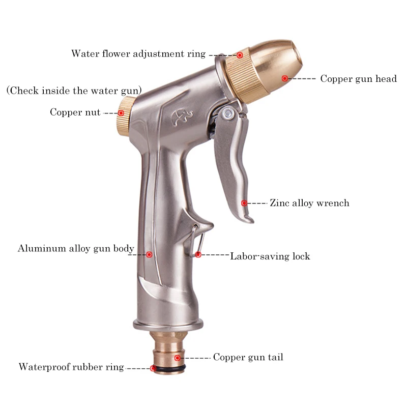 Распылитель воды высокого давления, шланг, распылитель водяного пистолета, полностью Металлическая Медная головка, гальваническое покрытие, золото, домашний садовый полив, распылитель