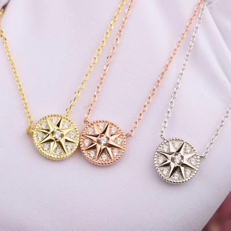 

DZ Fashion Pure 925 Sterling Silver Compass Rose Star Collar Necklace Elegant Round Rose Vent 5A Zircon Women Wedding Jewelry