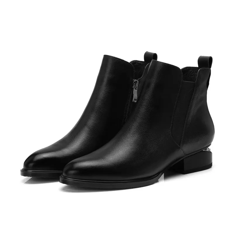 Модные женские ботинки; ботинки из натуральной кожи на молнии с круглым носком; классические ботильоны на низком каблуке; женская обувь черного цвета; большой размер 42 - Цвет: Черный