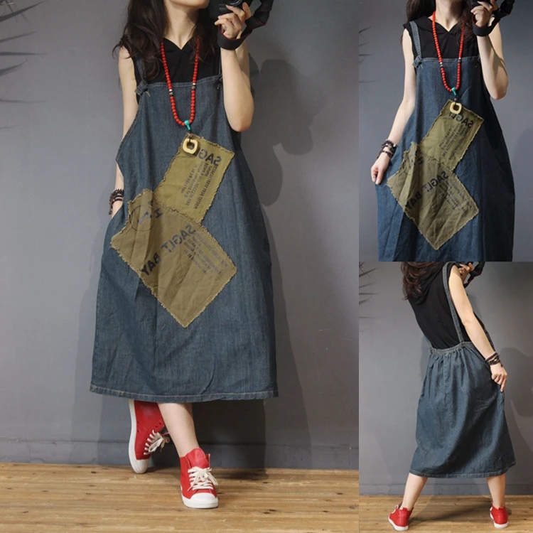 

Spring Autumn Women Casual All-match Loose Plus Size Vintage Pockets Patchwork Denim Spaghetti Strap A- Dresses